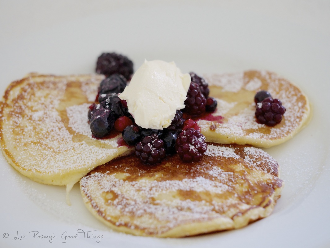 Beautifully soft and creamy home made mascarpone atop berry pancakes by Liz Posmyk Good Things 
