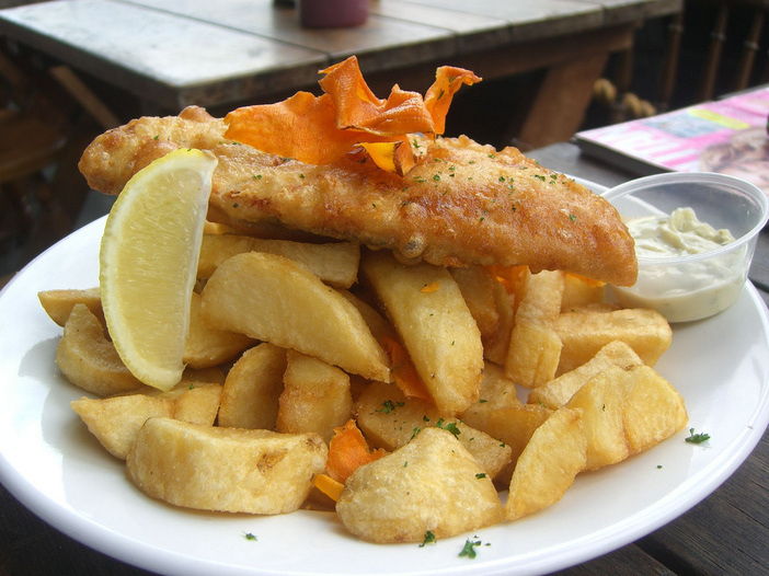 Herbed, beer-battered fish and chips