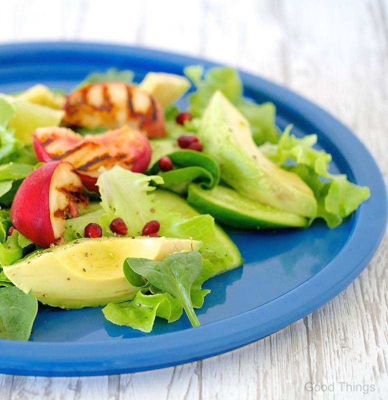 Liz Posmyk's Salad of grilled peaches, avocado, lime and pomegranate - Good Things