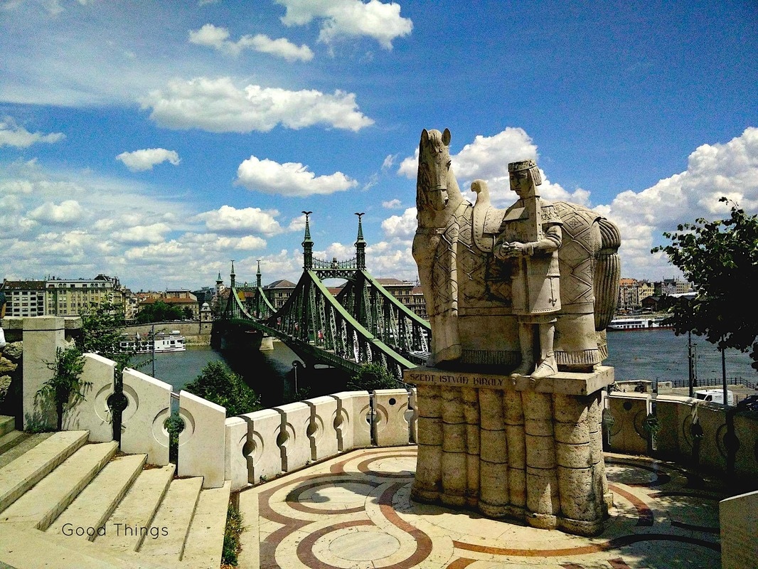 Saint Stephen (Szent Istvan), King of Hungary, which sits on Gellért Hegy overlooking the Danube River and Szabadság híd (Liberty or Independence Bridge) - Liz Posmyk