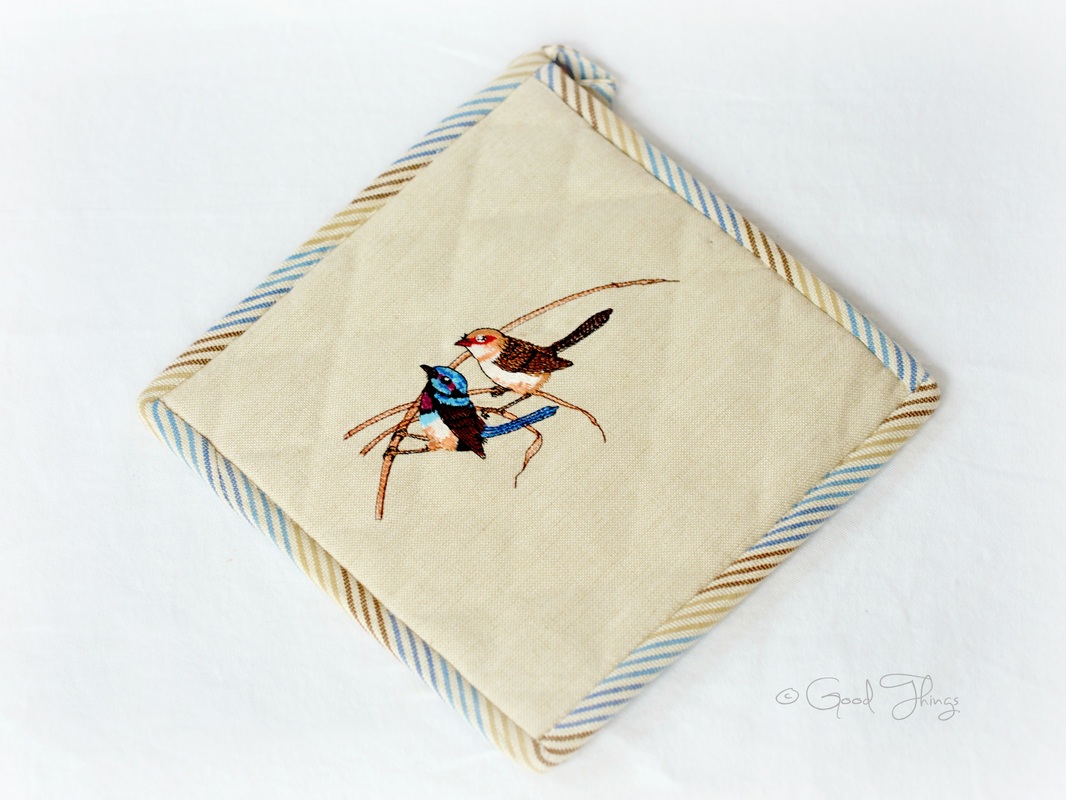 Pot holder with wrens by Liz Posmyk, Good Things 