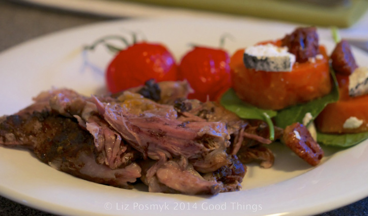Slow-roasted lamb shoulder with roasted baby tomatoes and a roasted sweet potato salad by Liz Posmyk, Good Things
