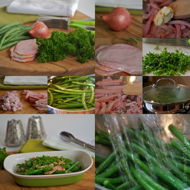 Collage for making Green beans with bacon and eschalot