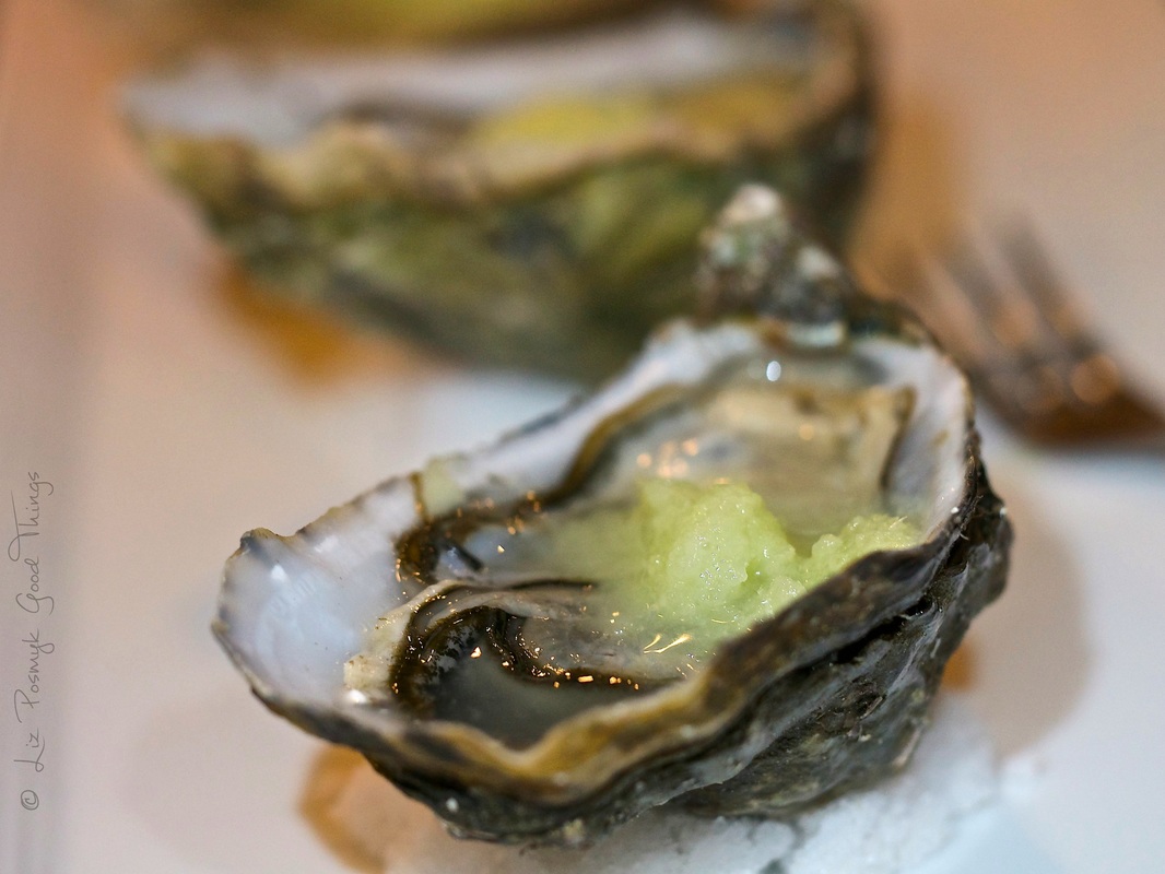 Smoky Bay Oysters with Cucumber and Ginger Granita - Dinner with Whisky Liz Posmyk Good Things 