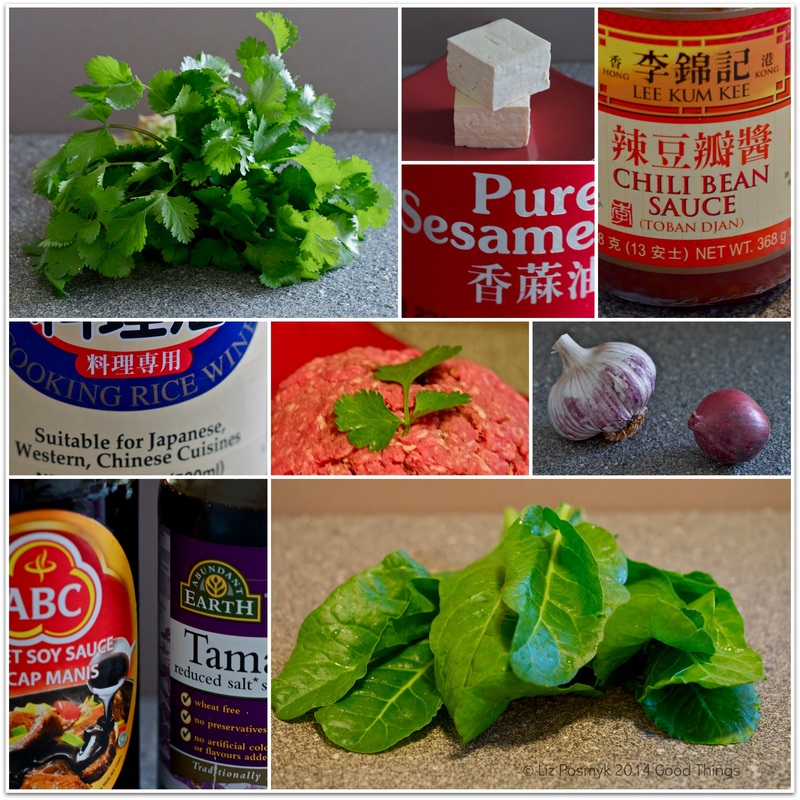 Ingredients for spicy beef with tofu and spinach