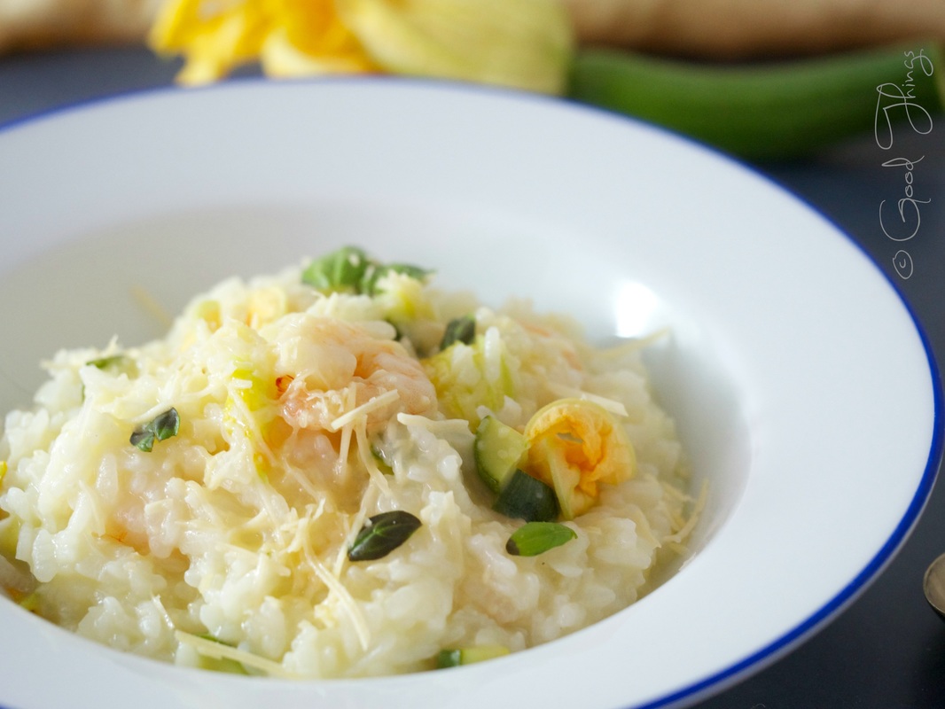 Risotto with zucchini flowers and prawns by Liz Posmyk, Good Things 