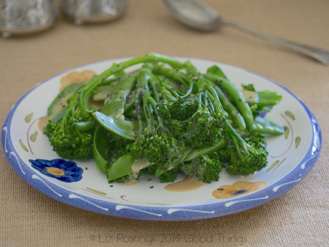 Broccolini with snow peas, green beans and sweet tahini dressing