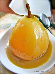 Vanilla poached pears with salted butter caramel sauce 
