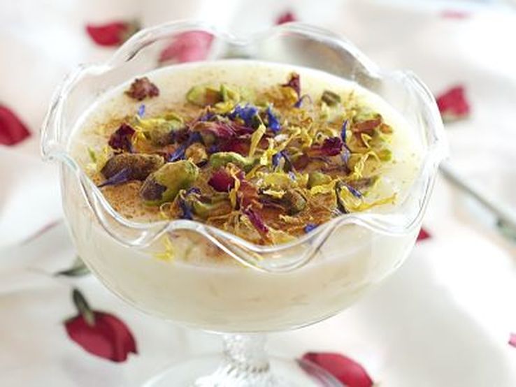 Rice pudding with orange blossom, rose, and scented geranium by Liz Posmyk, Good Things 