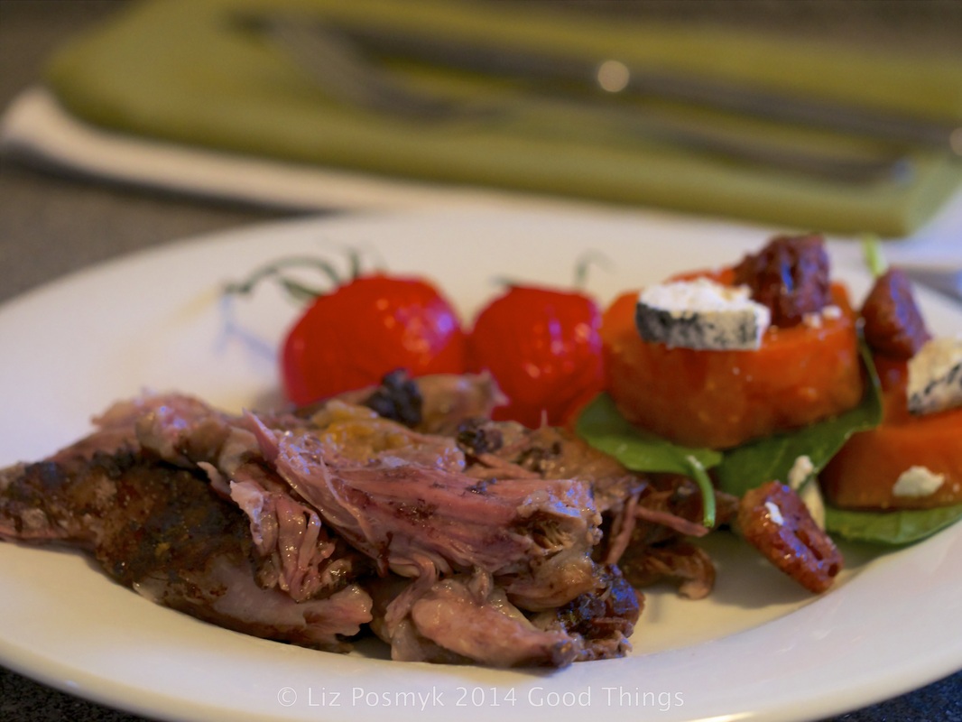 Slow-roasted lamb shoulder with roasted baby tomatoes and a roasted sweet potato salad by Liz Posmyk, Good Things