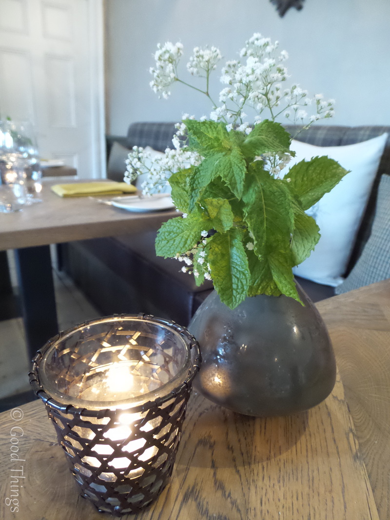 Fresh mint and baby's breath in a vase in the dining room at the Lord Crewe Arms in Blanchland County Durham - photo Liz Posmyk Good Things