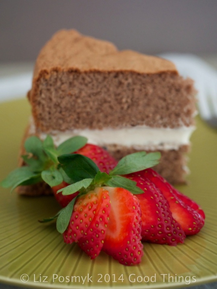 Chocolate Fluff sponge cake with strawberries and cream by Liz Posmyk, Good Things