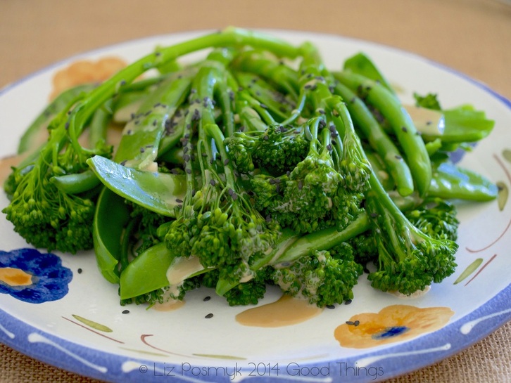 Broccolini with snow peas, beans and sweet tahini dressing