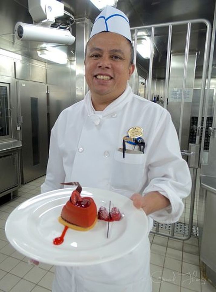 Chef Butar shows off his dessert creation in the galley on board the Golden Princess - photo Liz Posmyk, Good Things