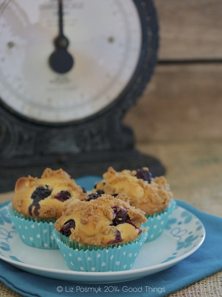 Yum! Streusel-topped blueberry and macadamia muffins