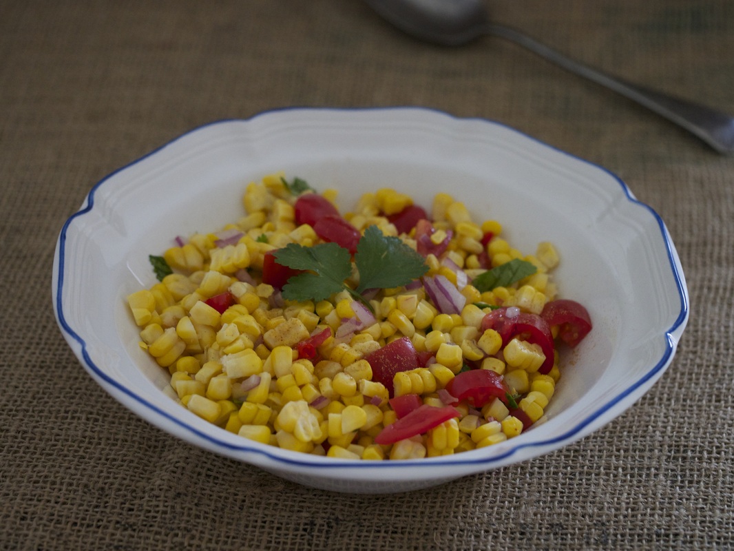 Sweet corn salsa with tomato, chilli, coriander and lime by Good Things
