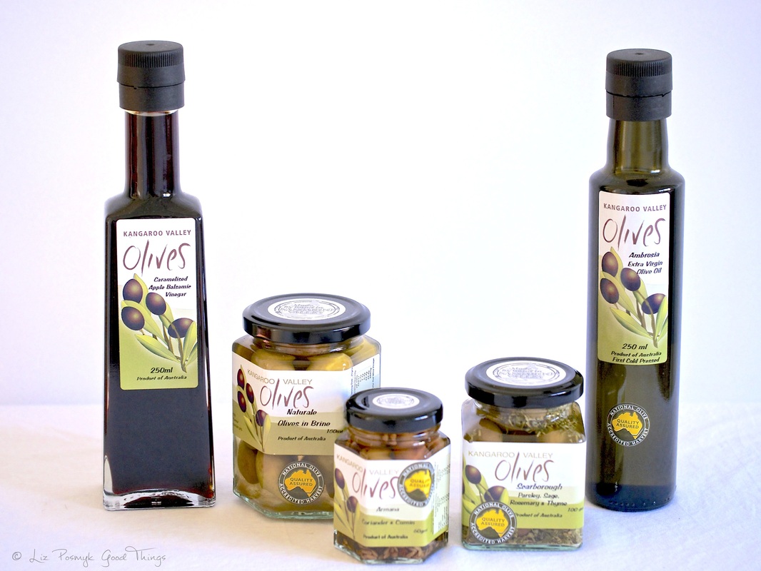 A range of table olives, extra virgin olive oil and balsamic vinegar from Kangaroo Valley Olives by Good Things 