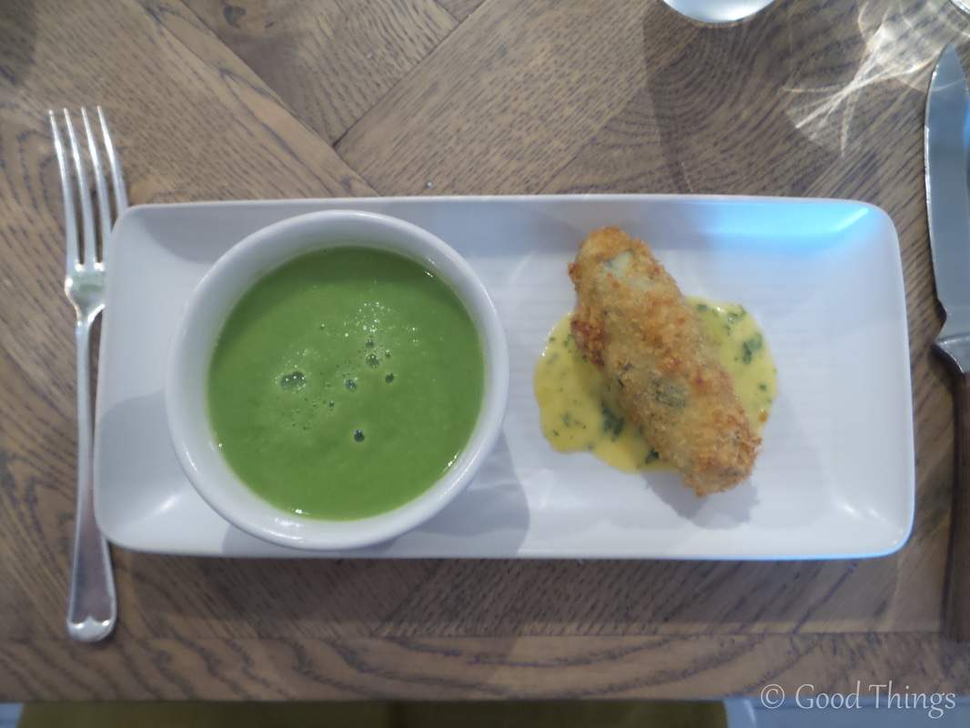Pea, lettuce and lovage soup with a croquette at the Lord Crewe Arms in Blanchland County Durham - photo Liz Posmyk Good Things