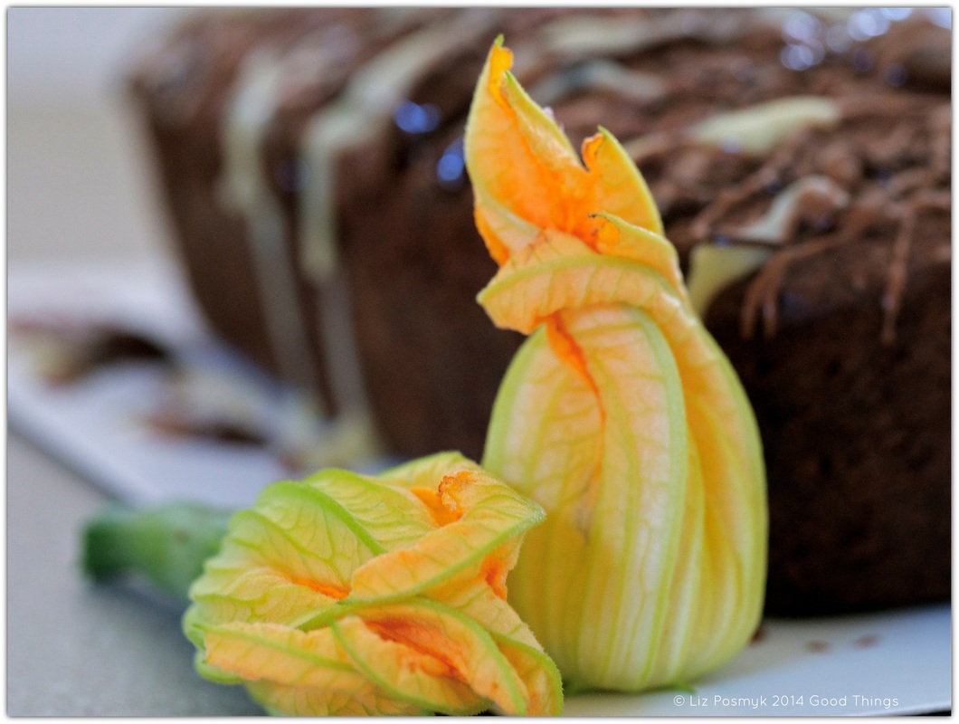 Zucchini flowers and chocolate walnut zucchini cake by Liz Posmyk Good Things