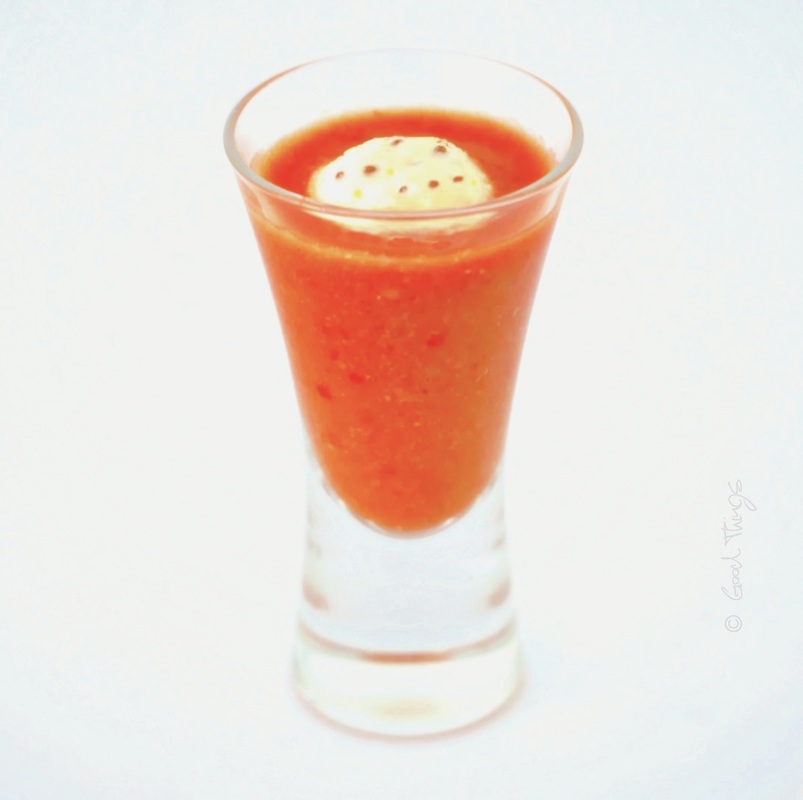 Gazpacho shots with Heston's mustard ice cream by food writer Liz Posmyk, Good Things 