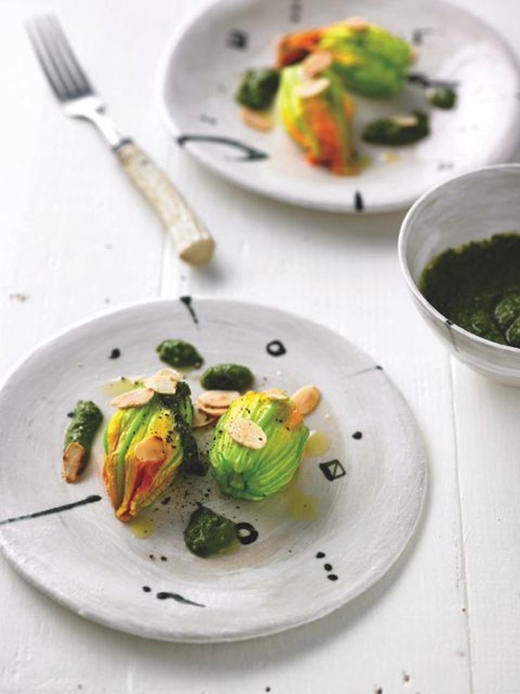 Stuffed courgette flowers with Taleggio, courgette pesto & toasted almonds from Luca's Seasonal Journey by Luca Ciano