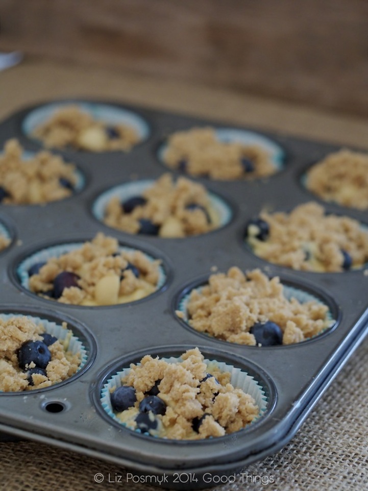 Ready to bake, my streusel-topped blueberry and macadamia muffins