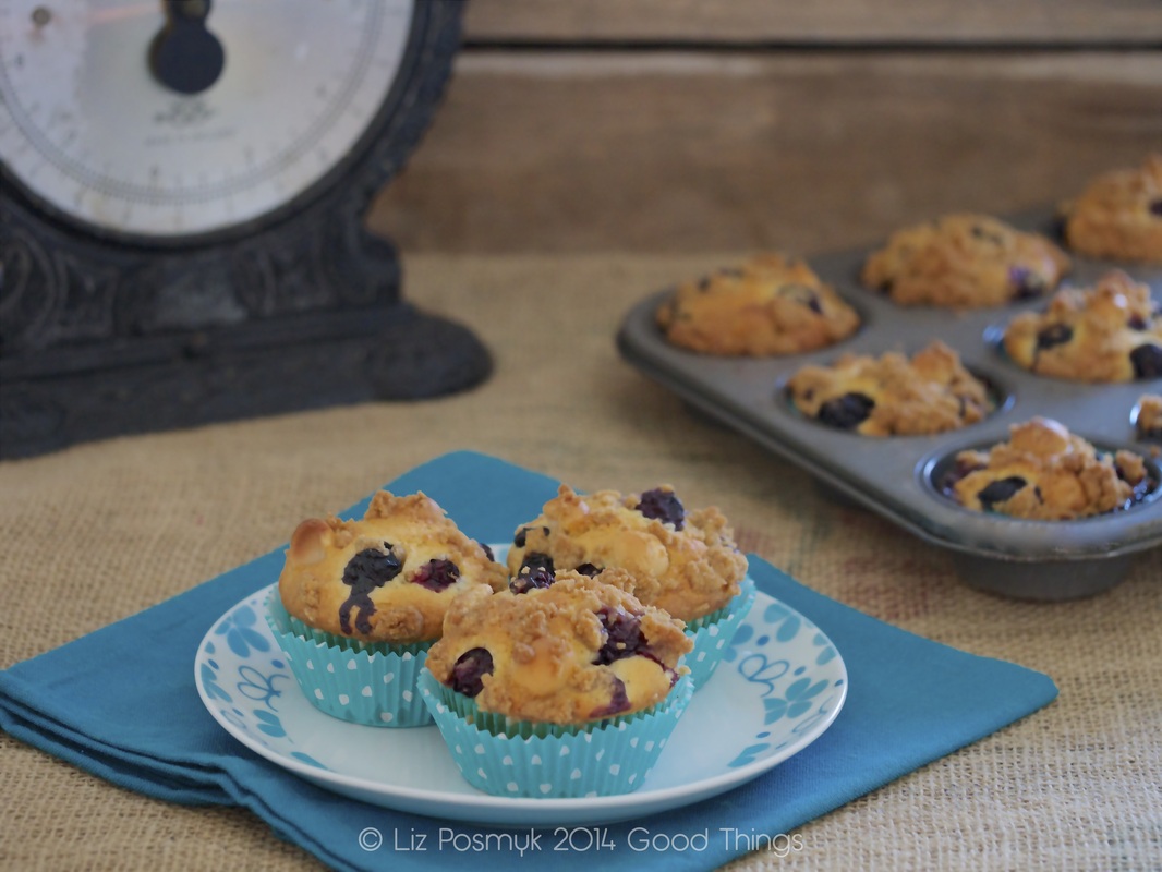Fresh from the oven - streusel topped blueberry and macadamia muffins