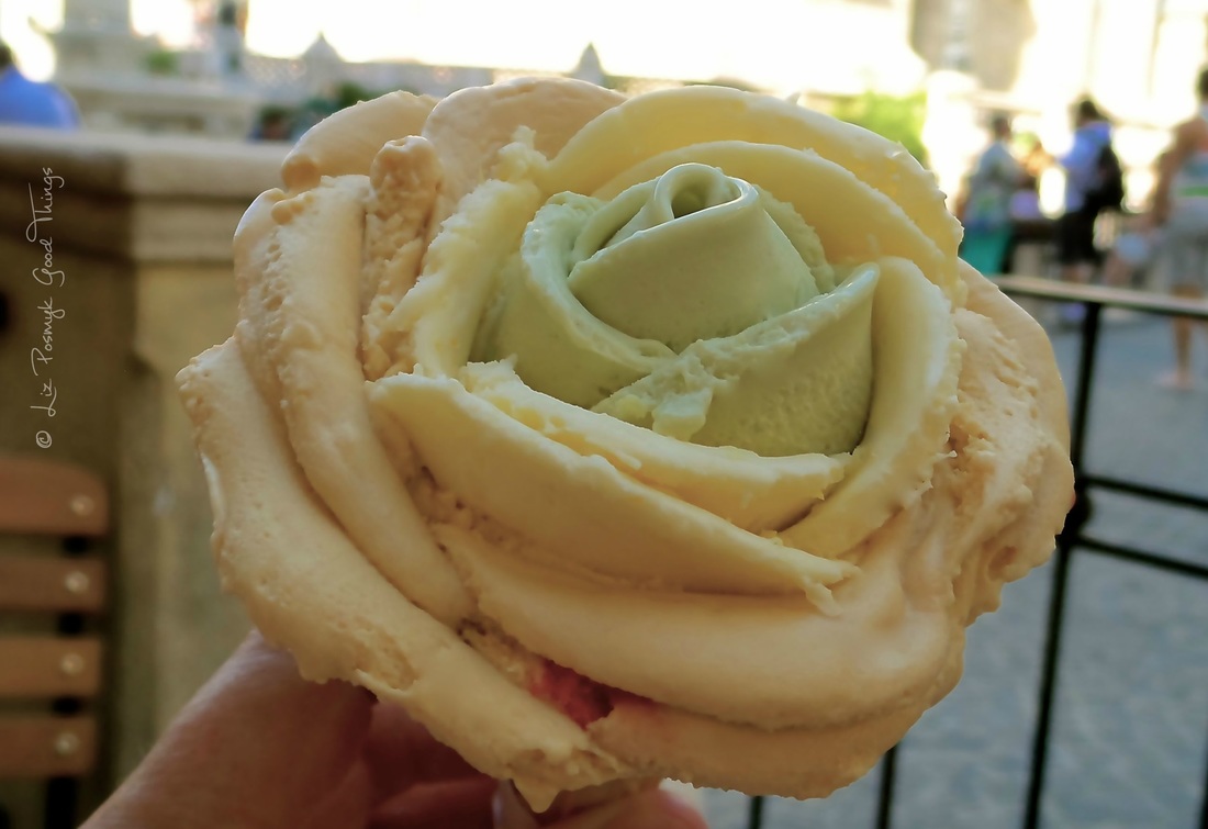 Gelarto Rosa ice cream in Budapest featuring Csemege kukorica-fagyi - sweet corn ice cream and also pistachio