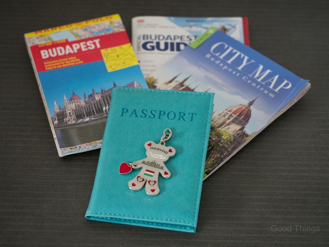 Maps of Budapest, passport and Budapest city guide with a Magyar key ring by Liz Posmyk Good Things 