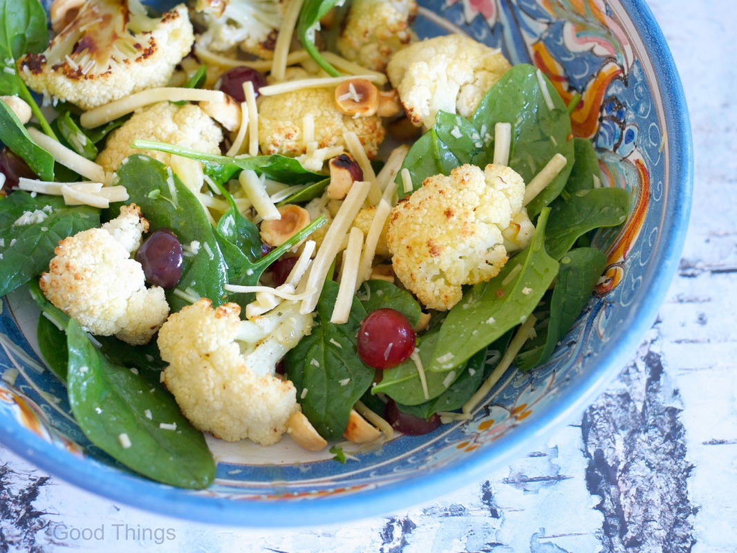 Roasted caulifower salad with hazelnuts, grapes and baby spinach - Liz Posmyk Good Things 