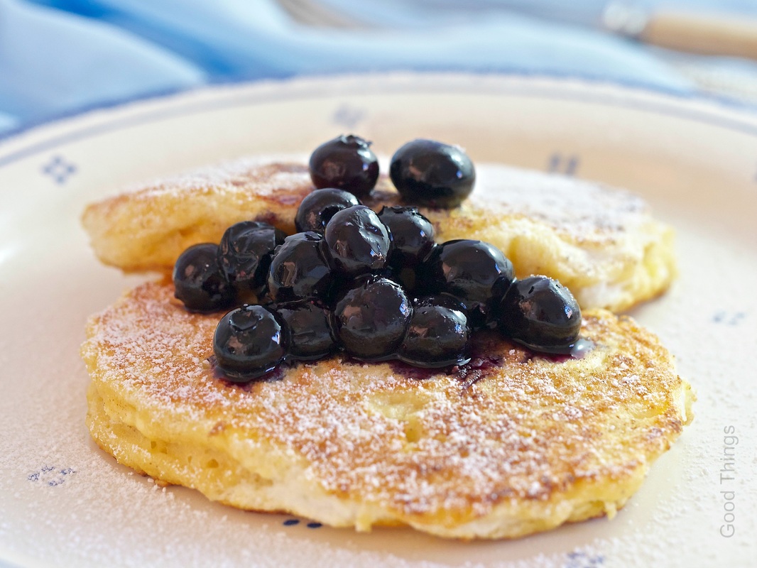 Light and fluffy ricotta breakfast hotcakes with blueberries - Liz Posmyk Good Things