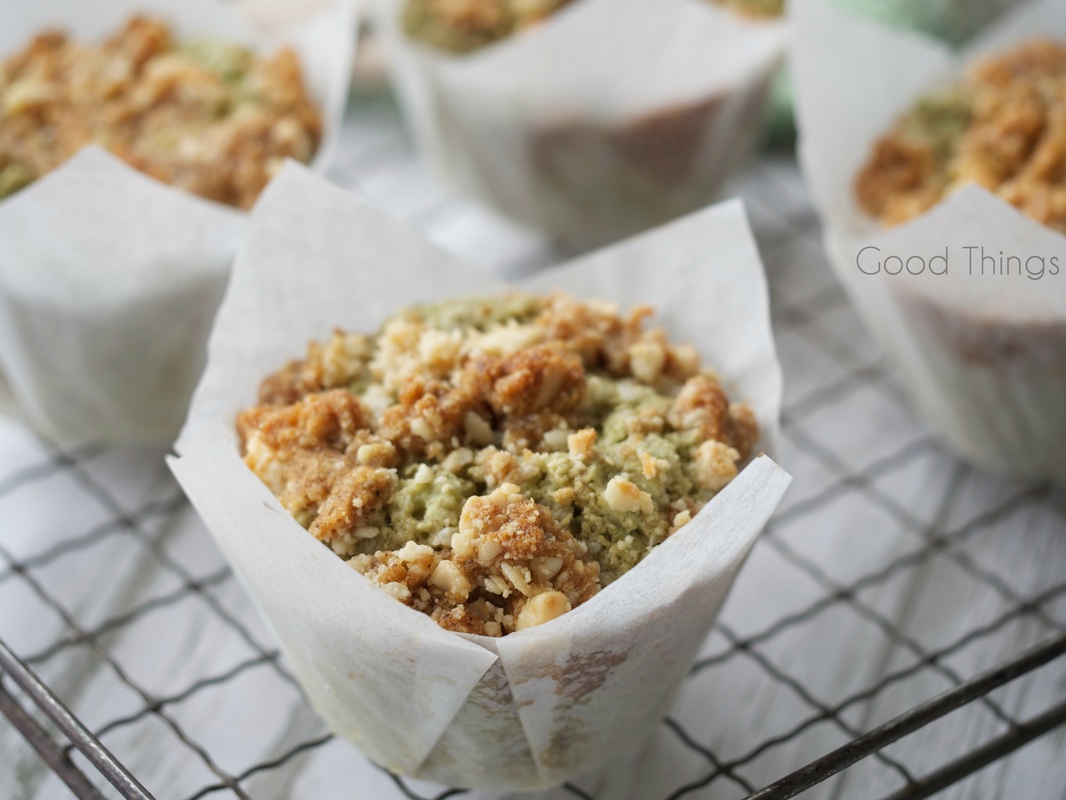 Streusel topped macadamia matcha muffins - gluten free - Liz Posmyk Good Things 