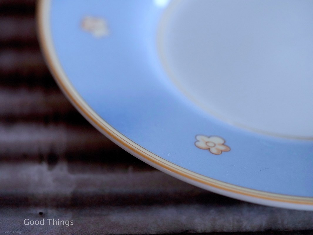 Blue bread and butter plate with gold edging and flowers Liz Posmyk Good Things