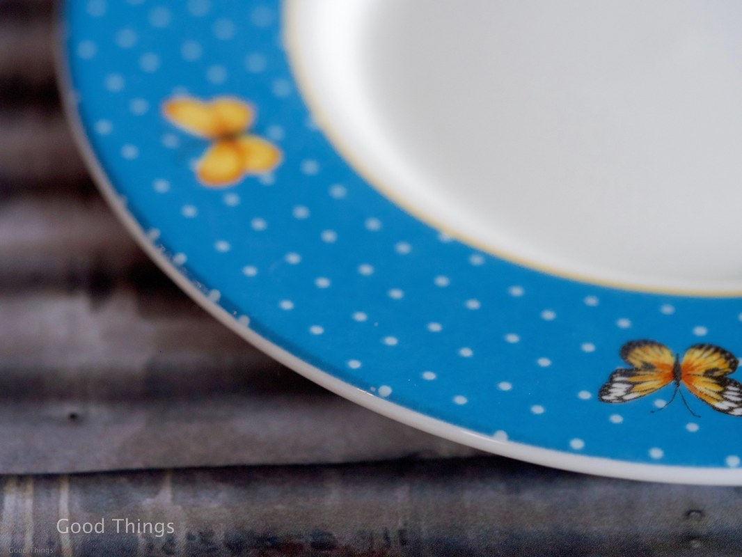 Blue and white polka dot bread and butter plate with golden butterflies Liz Posmyk Good Things