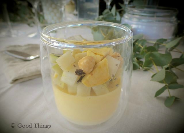 Truffle panna cotta with compressed pear, hazelnuts and apple
