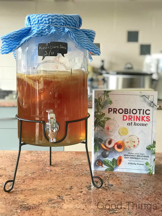 Probiotic Drinks at Home by Felicity Evans (Murdoch Books) and a fresh batch of Kombucha  - Liz Posmyk Good Things