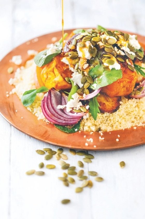 Roasted vegetables on couscous with Moroccan dressing from Food as Medicine by Sue Radd 