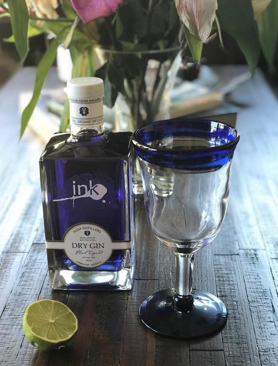 Ink Gin with a wedge of lemon and my favourite blue glassware - Liz Posmyk Good Things