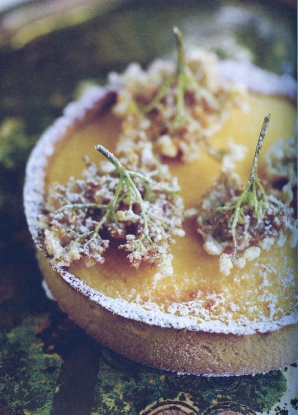 Gill Mellor's lemon & gooseberry tart with elderflower fritters from Gather, Quadrille