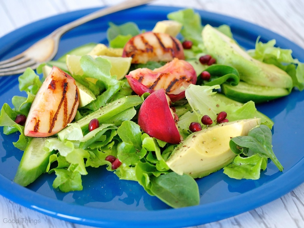 Liz Posmyk's salad of grilled peaches, pomegranate, avocado and lime - Good Things 