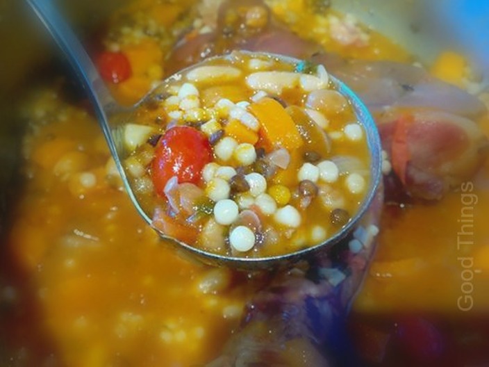 Rib-sticking smoked hock, bean + vegetable soup with fregola sarda by Liz Posmyk, Good Things 
